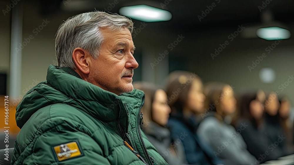 A man in a green jacket sits in a lecture hall, listening attentively to the speaker. A man in a green jacket sits in a lecture hall, listening attentively to the speaker.