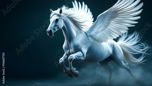 A stunning white pegasus with wings is depicted on a dark background, symbolizing beauty and mythical elegance