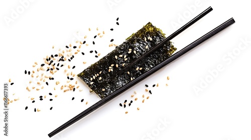 Sesame-sprinkled nori seaweed sheet with chopsticks on white background.