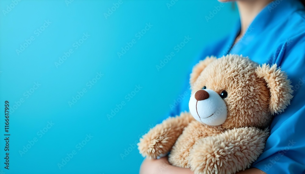 Fototapeta premium A female pediatrician with a teddy bear, highlighting the comforting role of toys in child healthcare