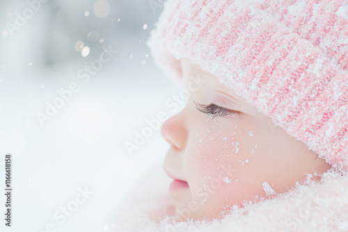 Adorable baby wearing a pink winter outfit in a cozy, festive setting. Snowy winter season, weather and snow theme. photo