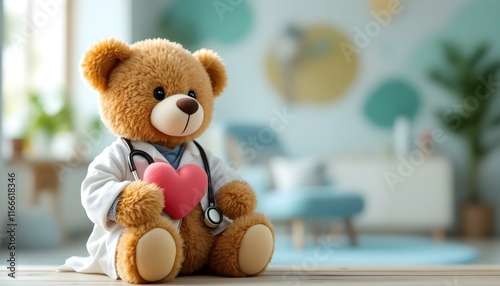 A teddy bear wearing a doctor's outfit holds a heart, illustrating the warmth of pediatric medicine