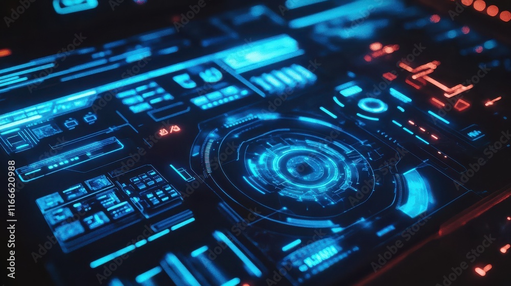 Obraz premium Futuristic digital interface with glowing blue lights and abstract technology background