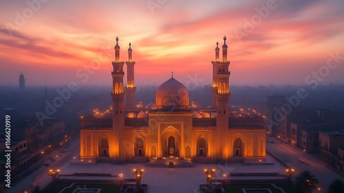 Illuminated mosque at sunrise. photo