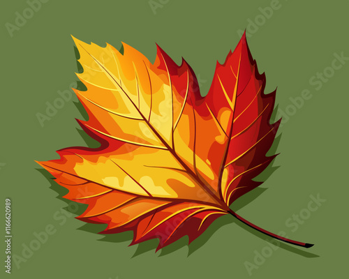 A single autumn leaf in shades of orange and red, resting against a muted olive green backdrop.
