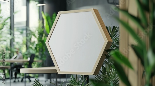 Hexagonal sign in office setting with view of active staff and plants. photo