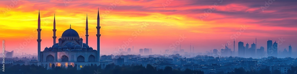 Majestic Mosque at Sunrise: A Panoramic View of Cityscape Majestic Mosque at Sunrise: A Panoramic View of Cityscape
