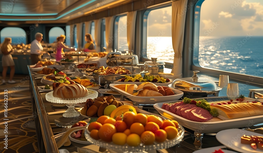 Fototapeta premium Coastal Dining Experience , Restaurant with Global Flavors by the Sea, Seaside Restaurant with Multi-Cuisine Menu, Fresh Seafood, Grilled Dishes & Cocktails