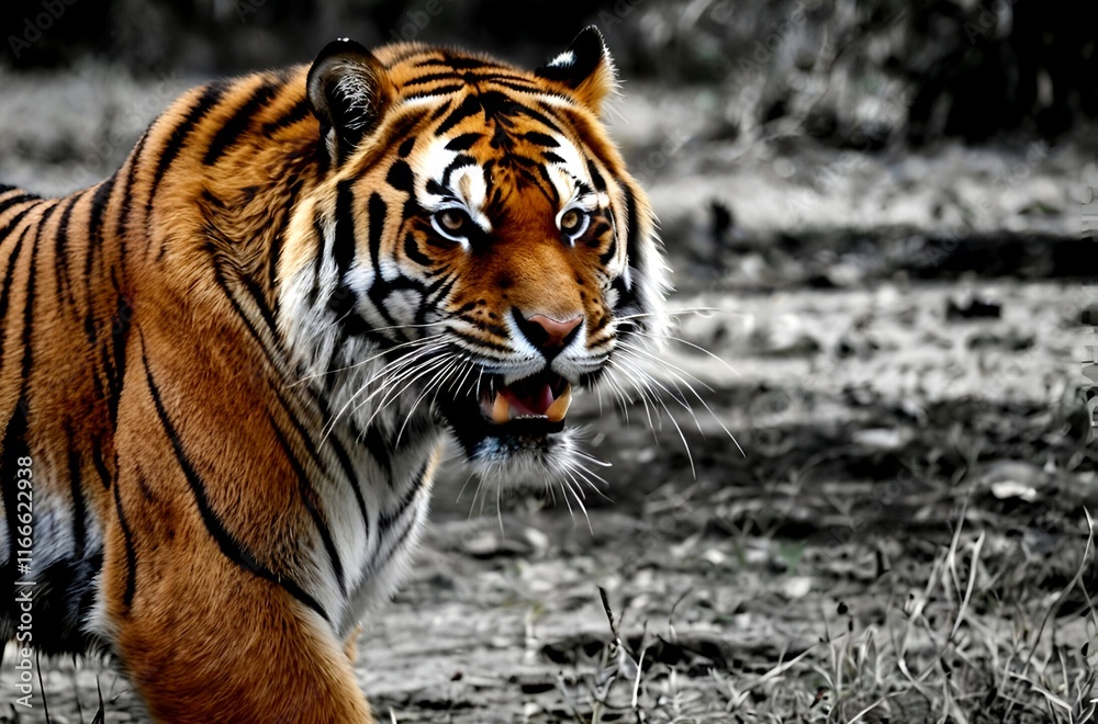Fototapeta premium Powerful tiger, its stripes blending seamlessly with the dark undergrowth, embodies the raw power of the wild.