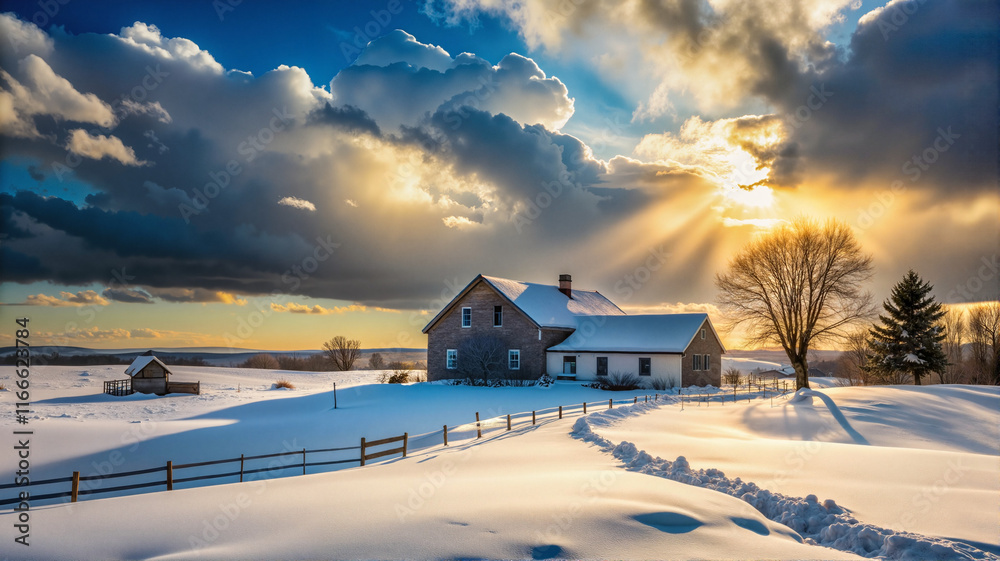 Snow-covered farmhouse with dramatic sunset