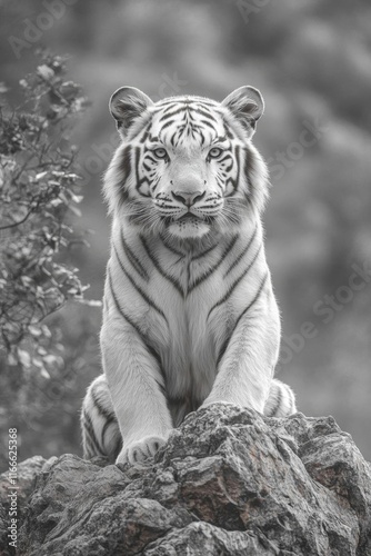 A majestic white tiger sits confidently on a rock, surrounded by a blurred natural backdrop, exuding strength and grace. photo