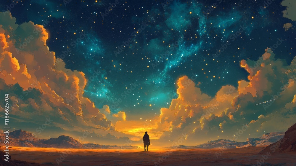 Obraz premium Lone figure silhouetted against a vibrant sunset and starry night sky.