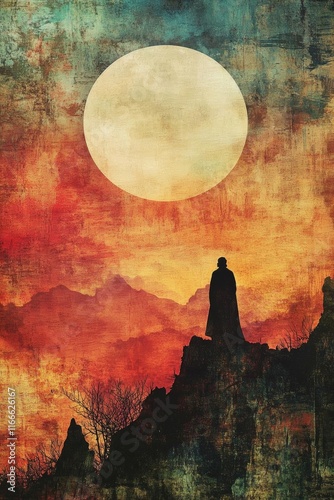 A serene silhouette stands on a hillside, bathed in warm sunset hues, beneath a large, luminous moon, creating a mystical atmosphere.