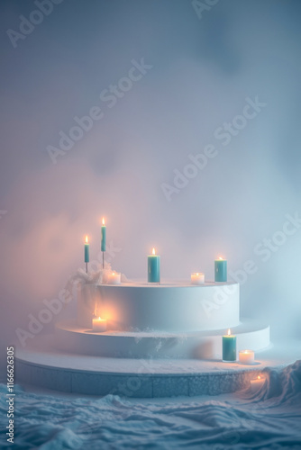 serene arrangement burning candles on a circular white platform
