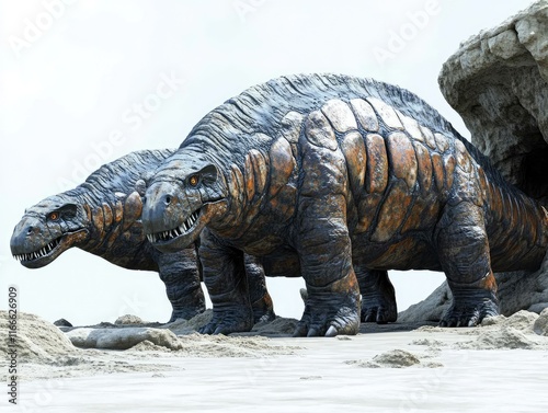 Two large, prehistoric-like creatures on a sandy beach near a rocky cave.