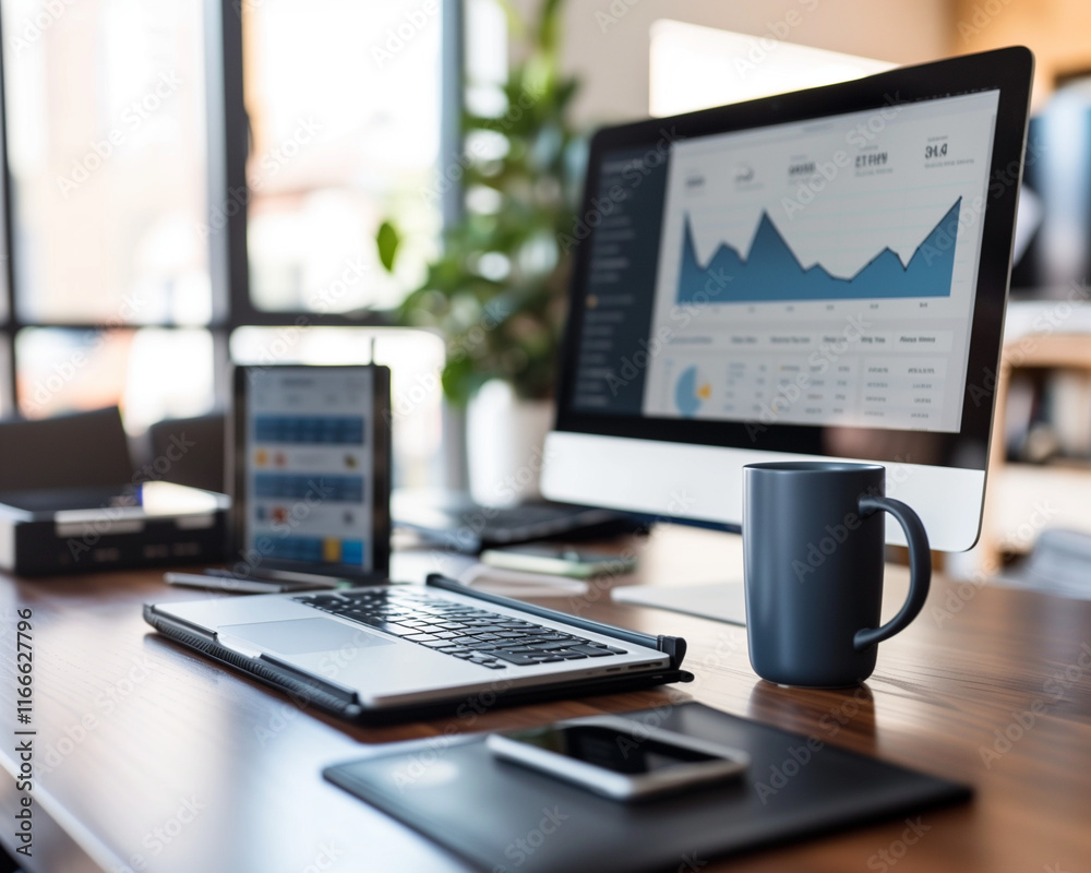 Modern Business Workspace with Digital Analytics Display and Office Essentials