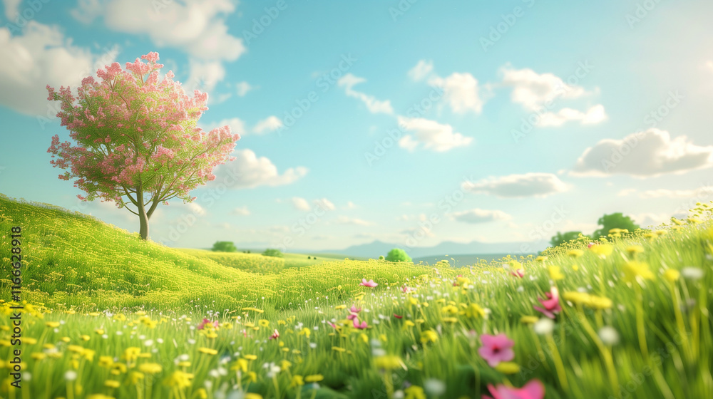 Beautiful Spring Landscape with Blooming Tree and Wildflowers Under a Blue Sky, Perfect for Nature and Seasonal Designs Beautiful Spring Landscape with Blooming Tree and Wildflowers Under a Blue Sky, Perfect for Nature and Seasonal Designs