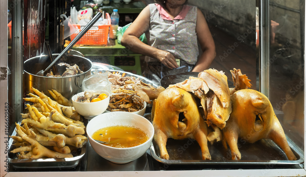 hanoi street food stall selling chicken rice com ga