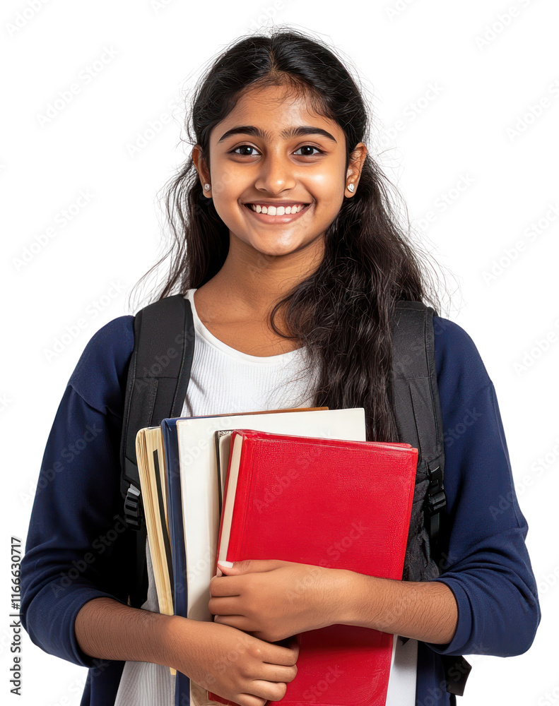 PNG Young south Asian girl student happy backpack.