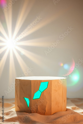 tan pedestal with teal geometric cutouts sand