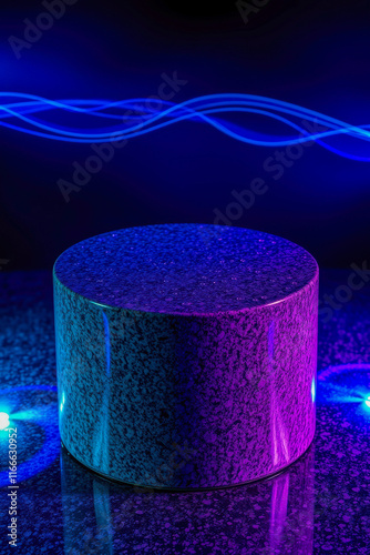 speckled cylindrical pedestal with dynamic blue lighting