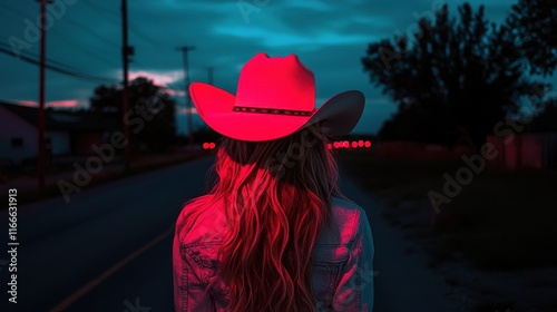 Woman in Cowboy Hat on a Night Road