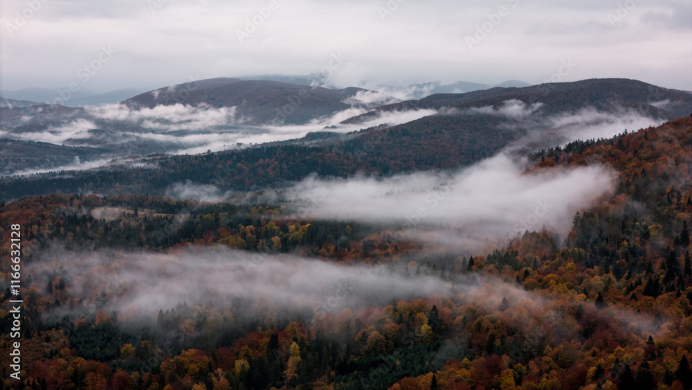 Drone Shot Over Foggy Bieszczady Mountains at Fall