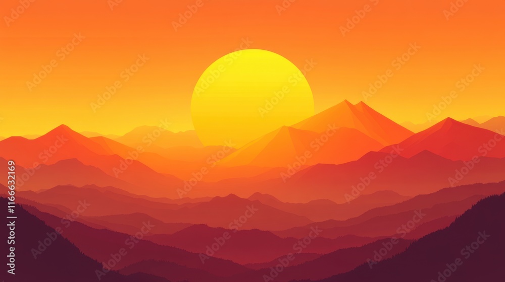 Obraz premium Majestic Sunset over Mountain Ranges: A Vibrant Panorama of Warm Hues and Serene Landscape