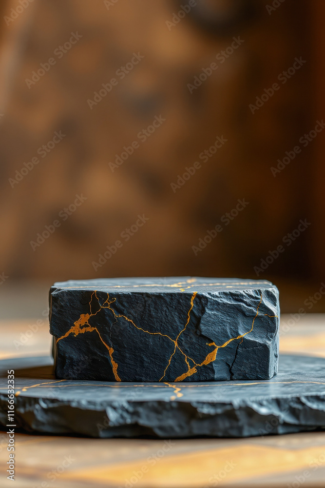 dark gray stone block with gold veining on platform dark gray stone block with gold veining on platform