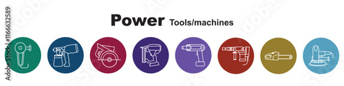 Power Tools and machines Vectors single single stroke icon sets with color background