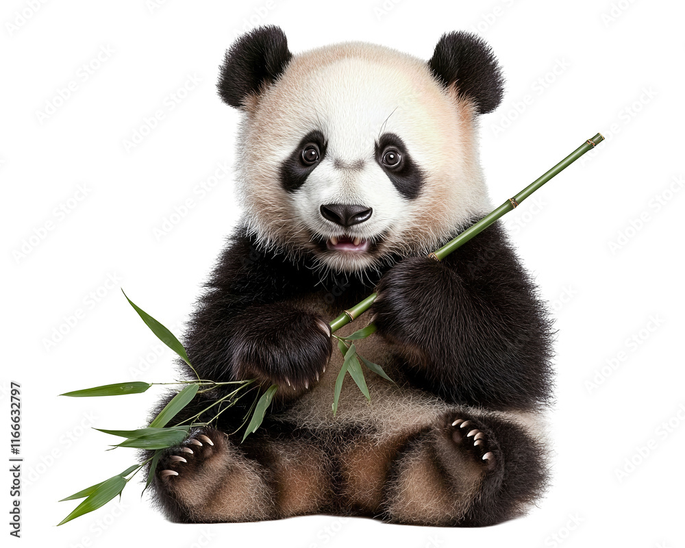 Naklejka premium Isolated Baby Panda with Bamboo Leaves