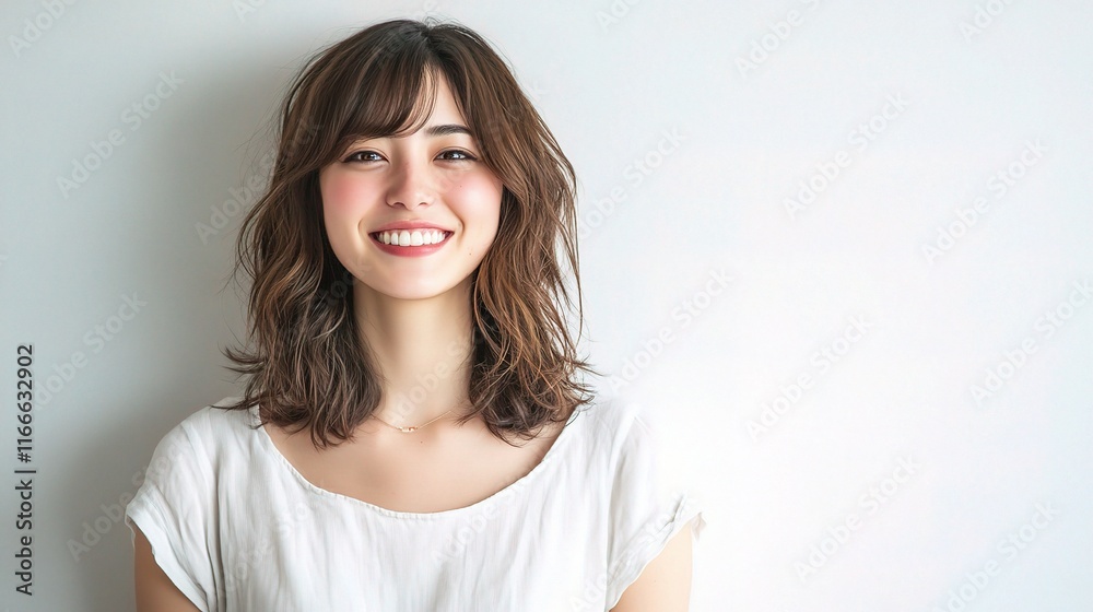 Smiling Woman in Casual Attire Against Light Background Smiling Woman in Casual Attire Against Light Background