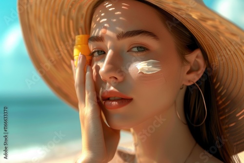 Young woman applying sunscreen at beach for sun protection. photo