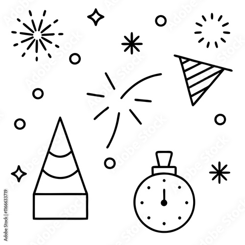 Festive New Year Celebration: Fireworks, Party Hats, and Countdown Elements photo