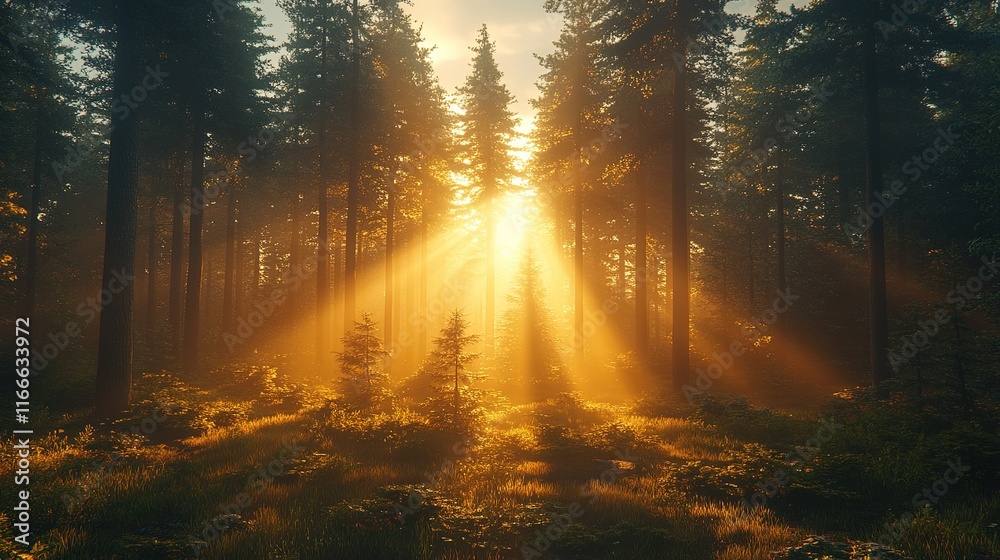 Obraz premium A serene forest scene with sunlight filtering through tall trees, creating a tranquil atmosphere.