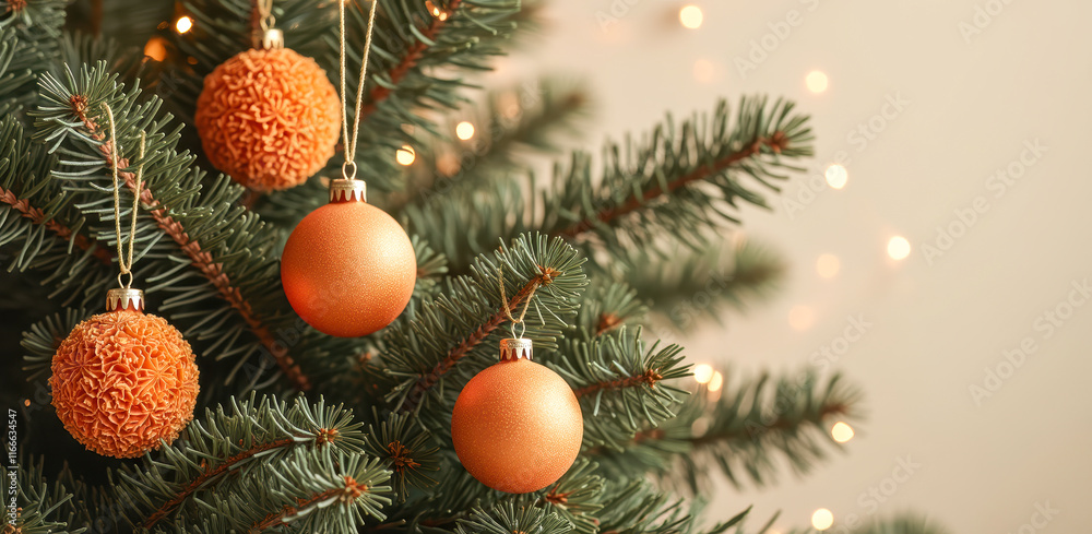 three ornaments on an evergreen tree branch three ornaments on an evergreen tree branch