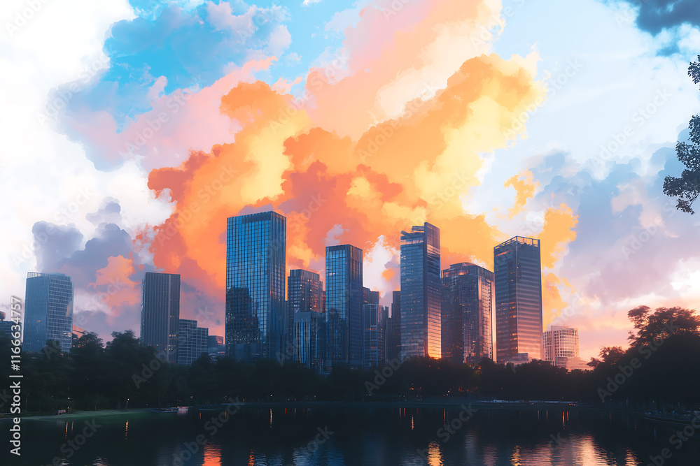 Stunning Cityscape at Sunset with Vibrant Clouds and Lake Reflection Stunning Cityscape at Sunset with Vibrant Clouds and Lake Reflection