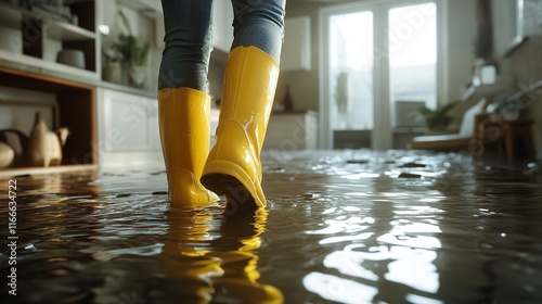 Worker is assessing the damage in a flooded kitchen while wearing yellow boots