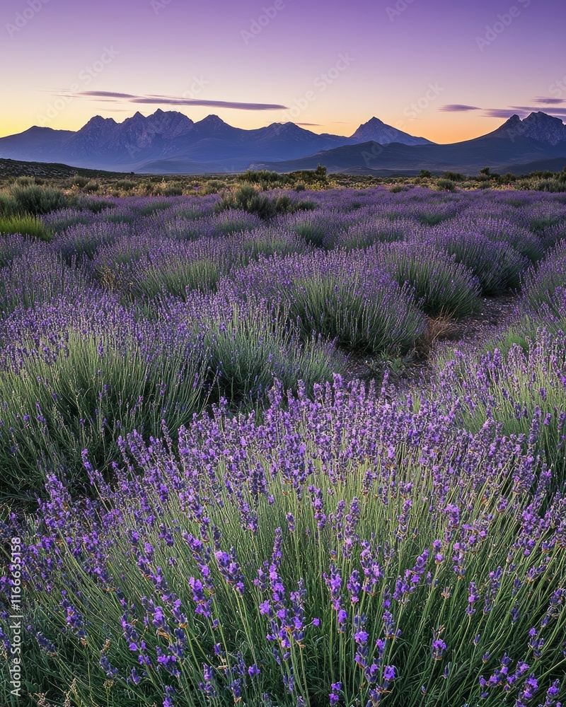 Fototapeta premium A beautiful lavender field at sunrise, with mountains in the background and a vibrant purple sky. The sun is rising over the horizon, casting long shadows across the land and creating an atmosphere