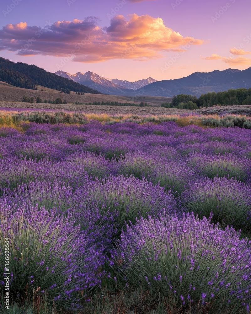 Obraz premium A beautiful lavender field at sunrise, with mountains in the background and a vibrant purple sky. The sun is rising over the horizon, casting long shadows across the land and creating an atmosphere 