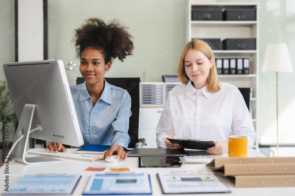 Diverse professionals collaborate on project analysis with financial graphs. Strategic teamwork and insights drive company growth and success.