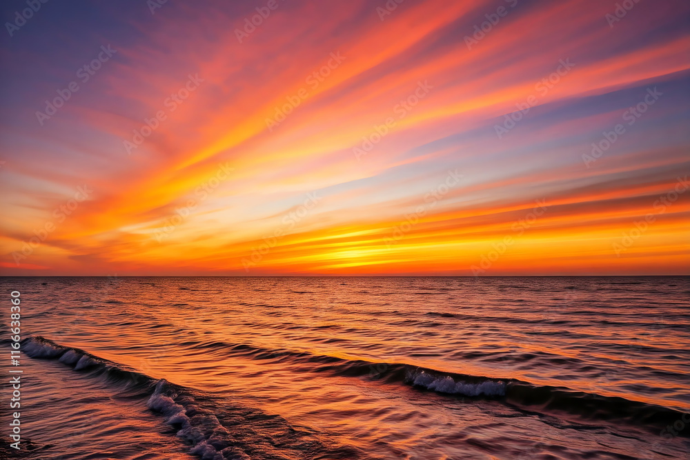 Naklejka premium Beautiful Sunset Over Sea field area with colorful clouds and vibrant sky