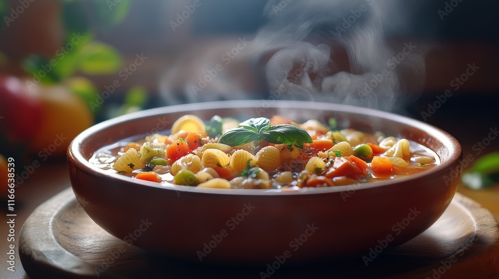 Steaming Bowl Of Vegetable Pasta Soup Steaming Bowl Of Vegetable Pasta Soup