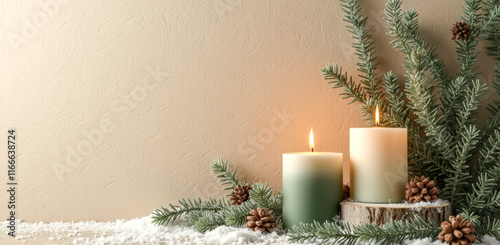 lighted candles with pine snow