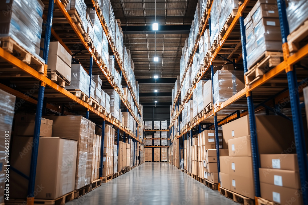 Fototapeta premium Industrial Warehouse Interior with Organized Shelves, Stacked Pallets, and Spacious Logistics Workspace