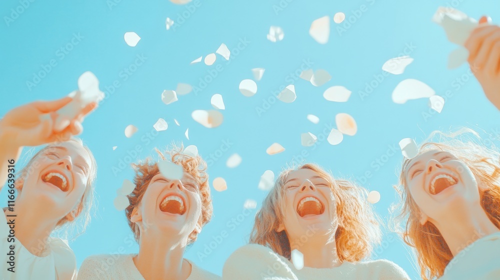 Joyful Women Celebrating with Confetti Against a Bright Blue Sky Joyful Women Celebrating with Confetti Against a Bright Blue Sky