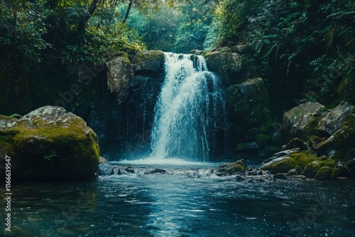 A beautiful waterfall in the forest, colorful foliage, vibrant colors, turquoise water, sunlight filtering through trees, natural scenery, wide angle lens