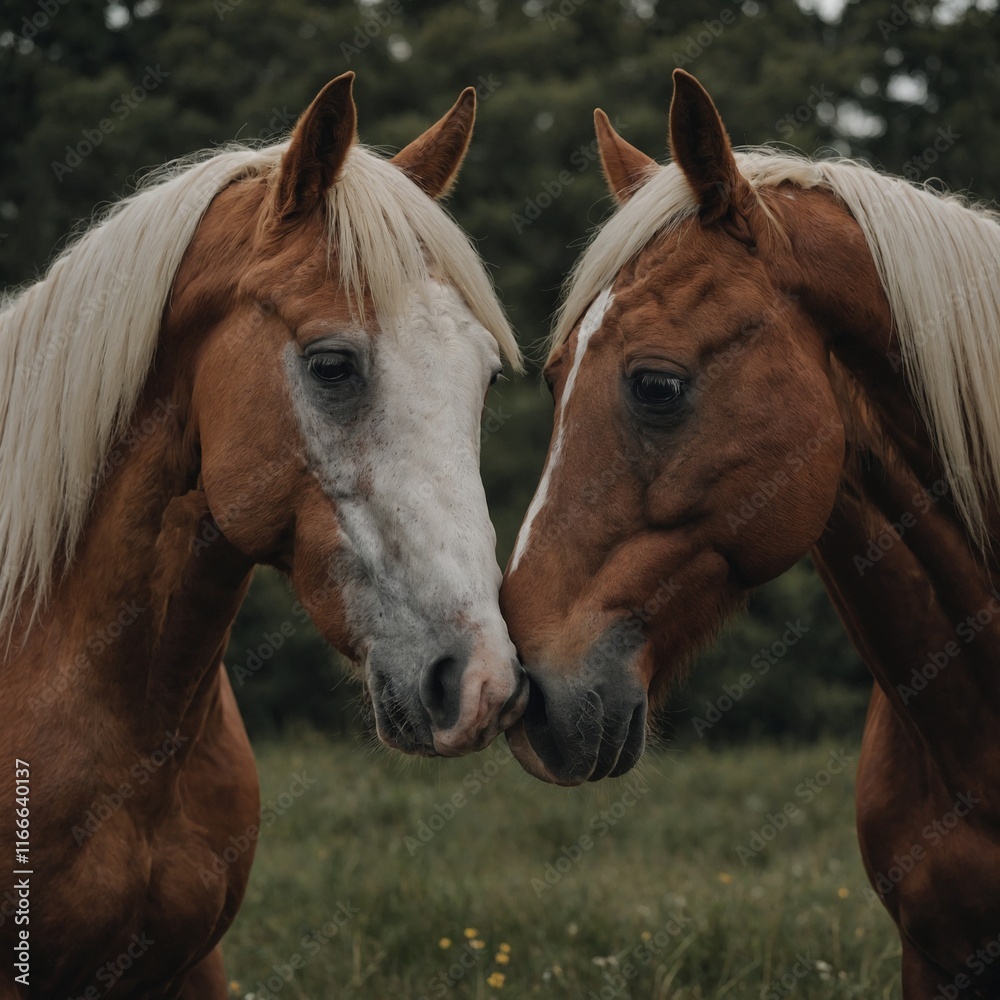 Obraz premium Focus on two horses nuzzling each other.