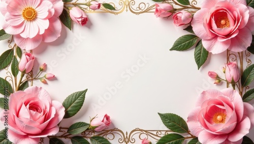 Golden wedding floral invitation card with pink flowers and elegant calligraphy , wedding, flowers