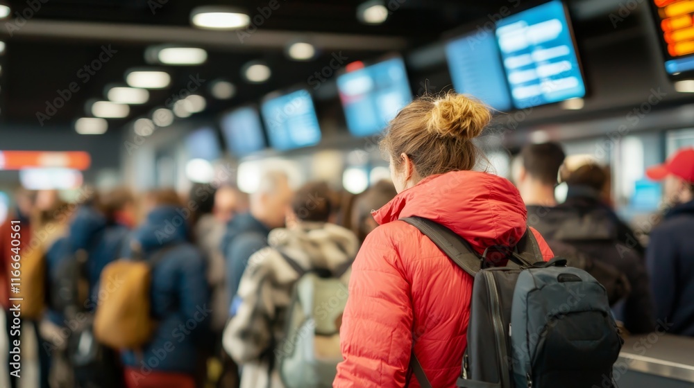 Crowded Airport Check-In Counter with Travelers Waiting in Line Crowded Airport Check-In Counter with Travelers Waiting in Line